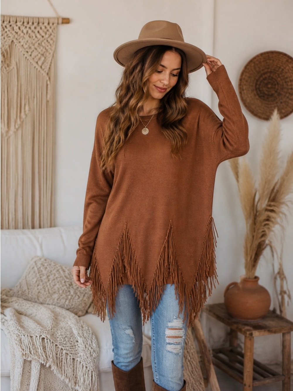 Loveriche Fringe Hem Sweater Tunic Medium Boho Western Rust Brown Soft Knit